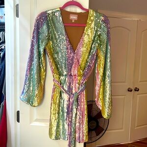 Sequins mini party dress in pastel rainbow, attached tie belt